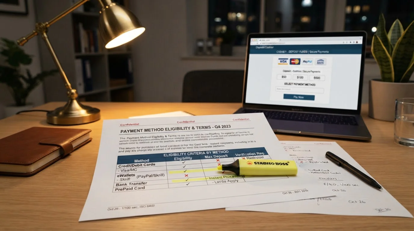 Bonus terms document with payment method eligibility conditions