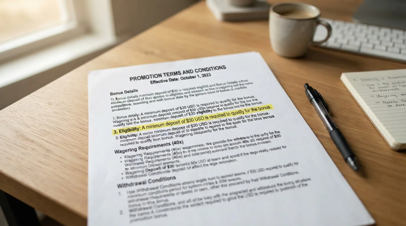 Bonus terms document with $30 minimum deposit requirement highlighted