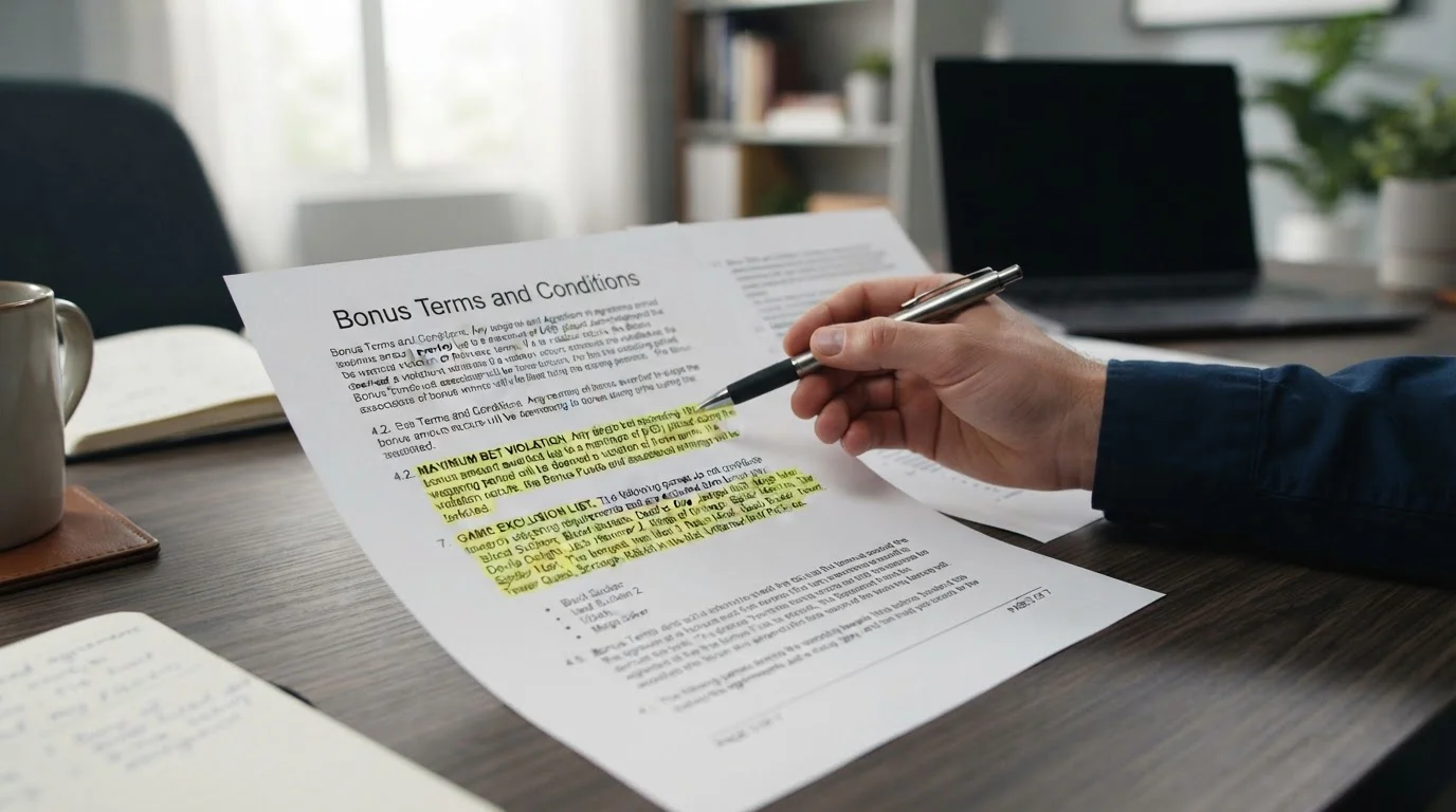 Highlighted bonus terms document showing max bet violation clause and game exclusion list