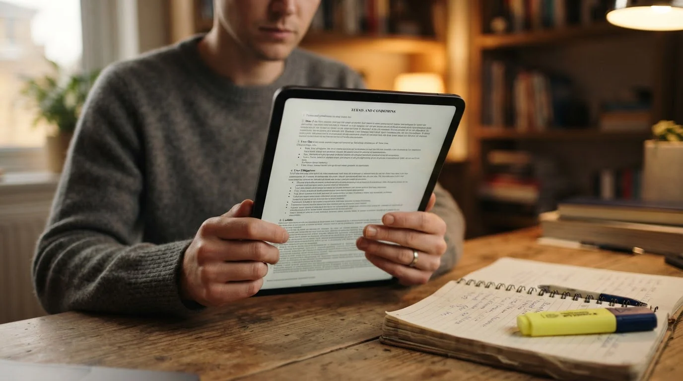 Person reviewing terms and conditions on tablet with highlighter