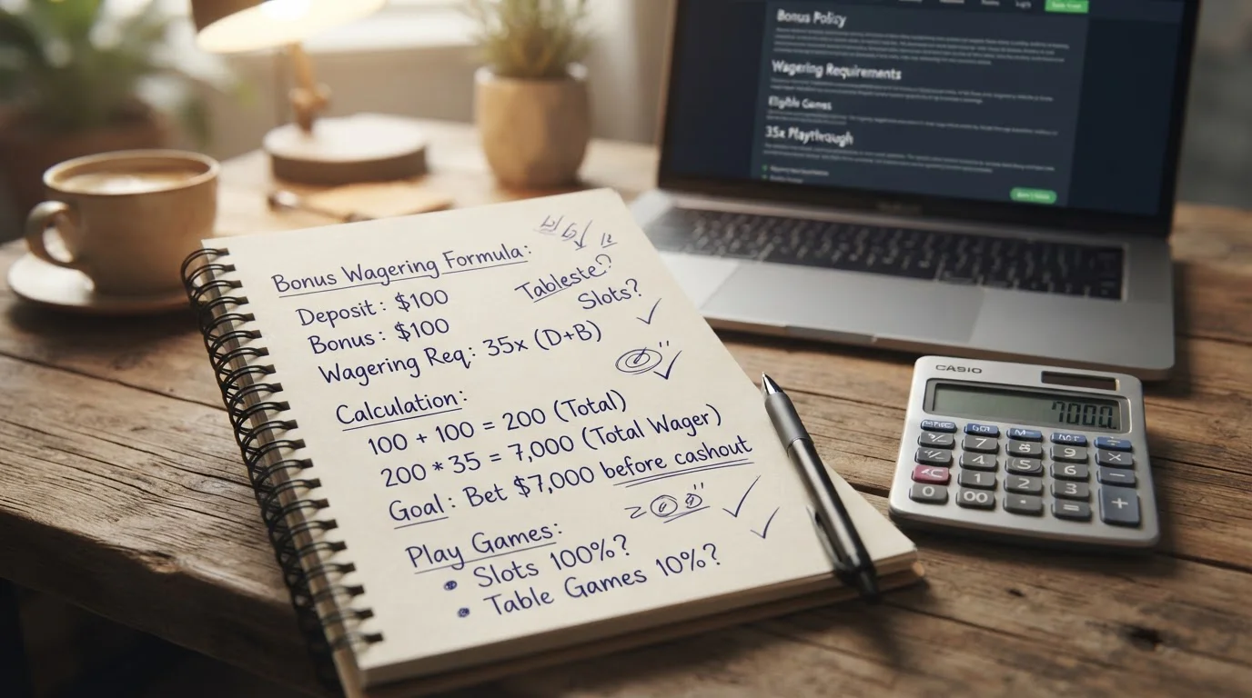 Calculator showing wagering requirement calculation with bonus amount and rollover multiplier