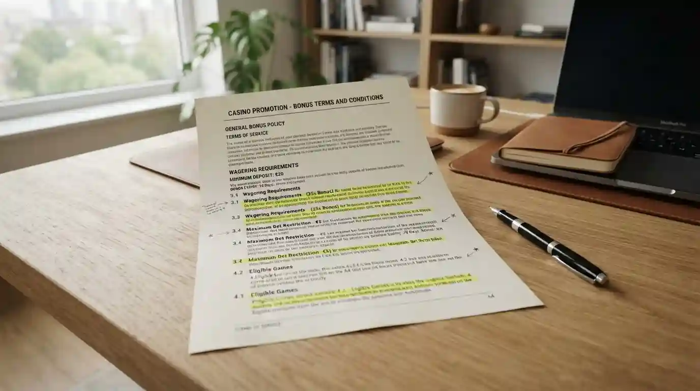 Printed casino bonus terms document with wagering requirements highlighted