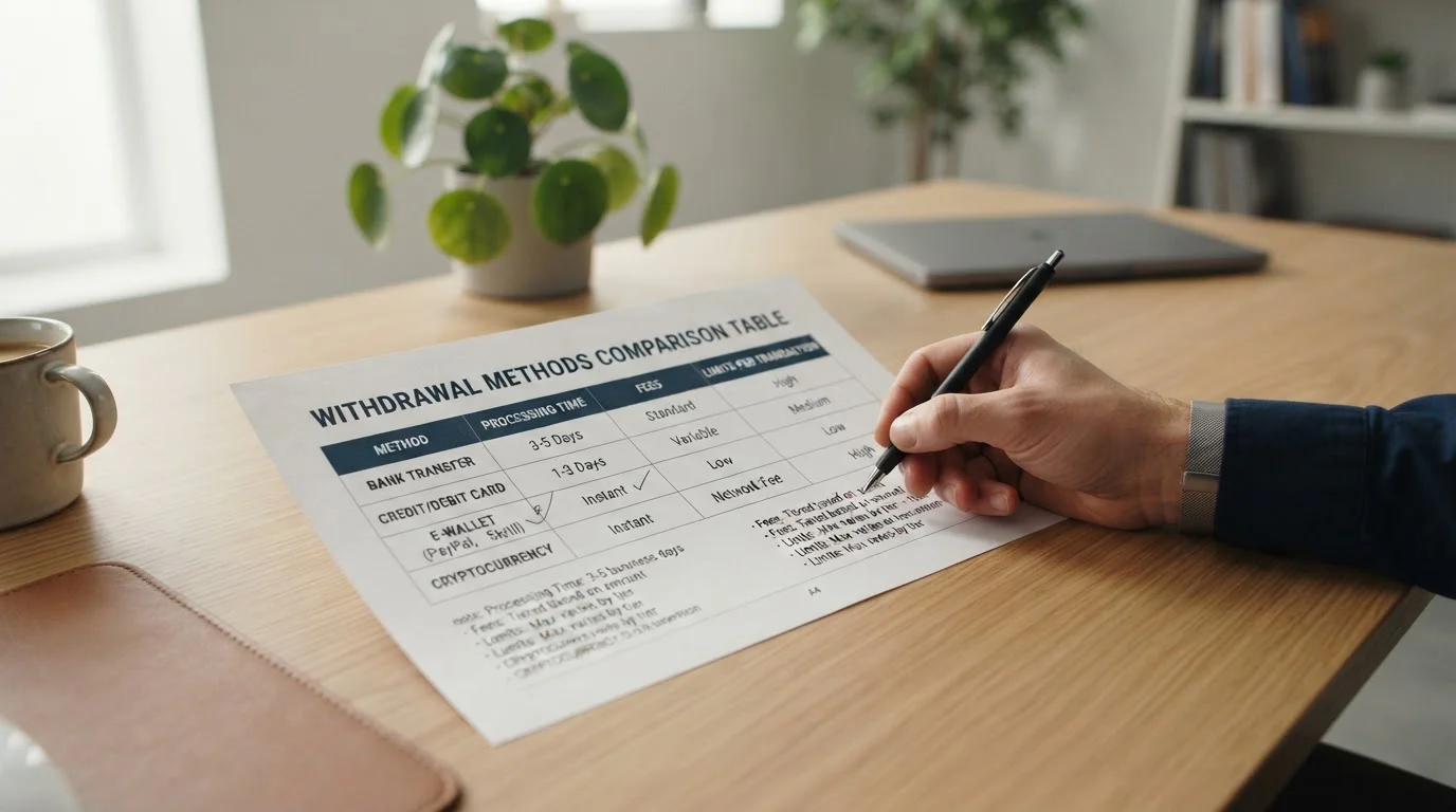 Banking document showing withdrawal methods comparison table