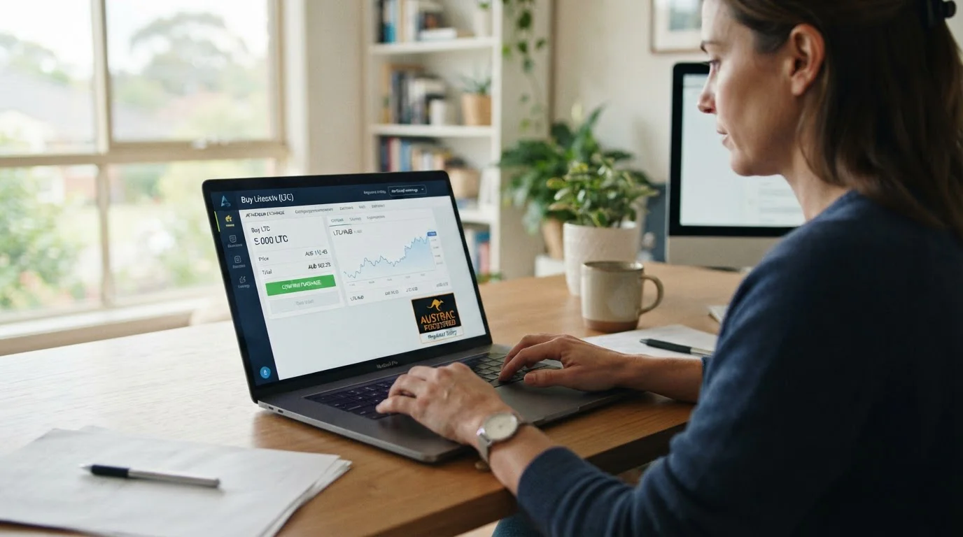 Person using laptop to buy Litecoin on Australian crypto exchange with AUSTRAC registration badge