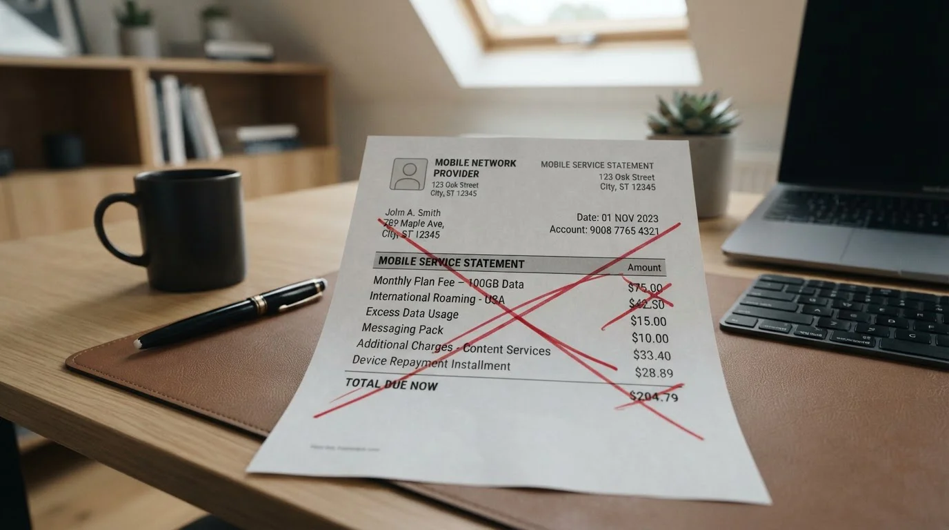 Crossed-out mobile phone bill showing unavailable gambling charges
