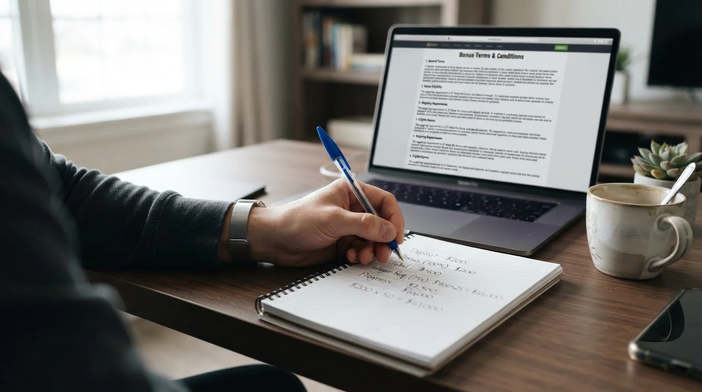 Hand writing bonus wagering calculations on notepad with laptop showing casino terms