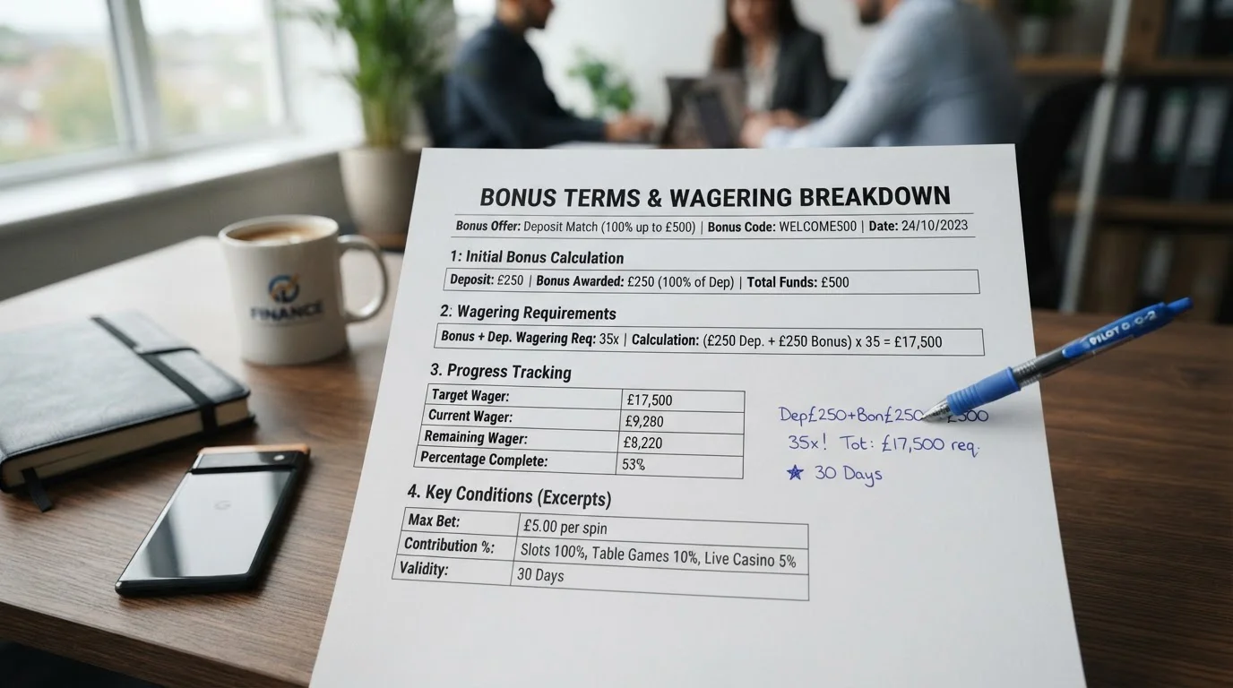 Document showing bonus terms and wagering requirements breakdown