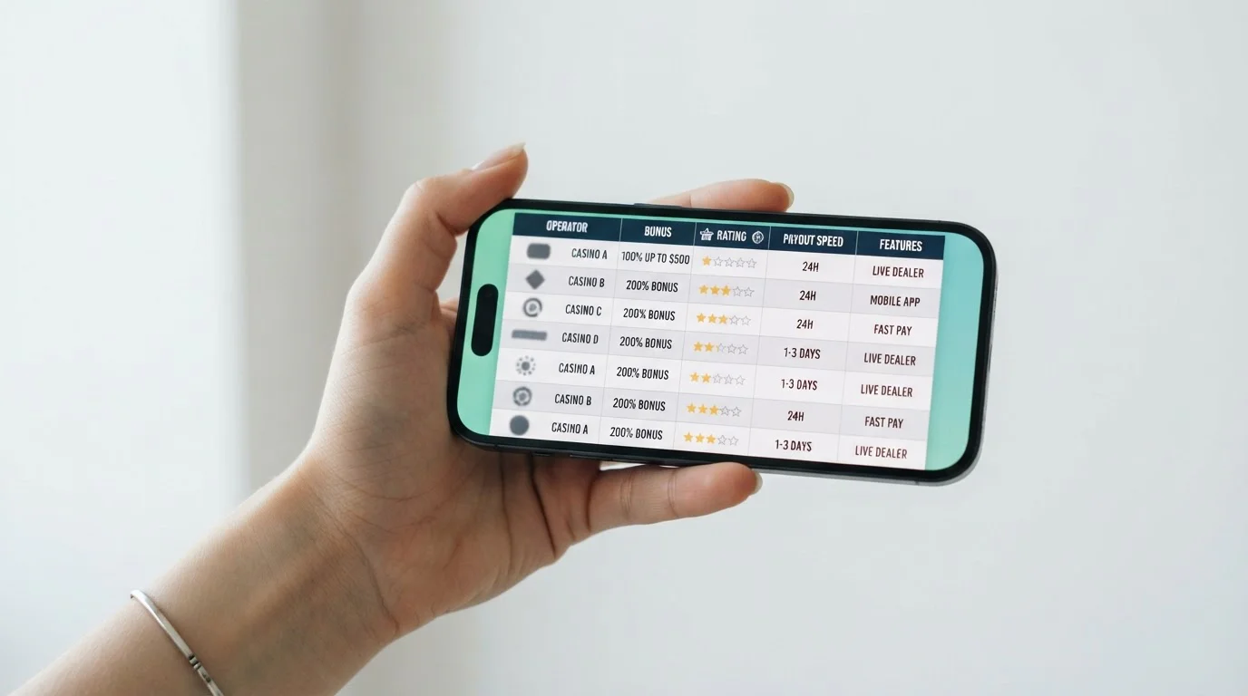 Comparison table of offshore casino operators on mobile device
