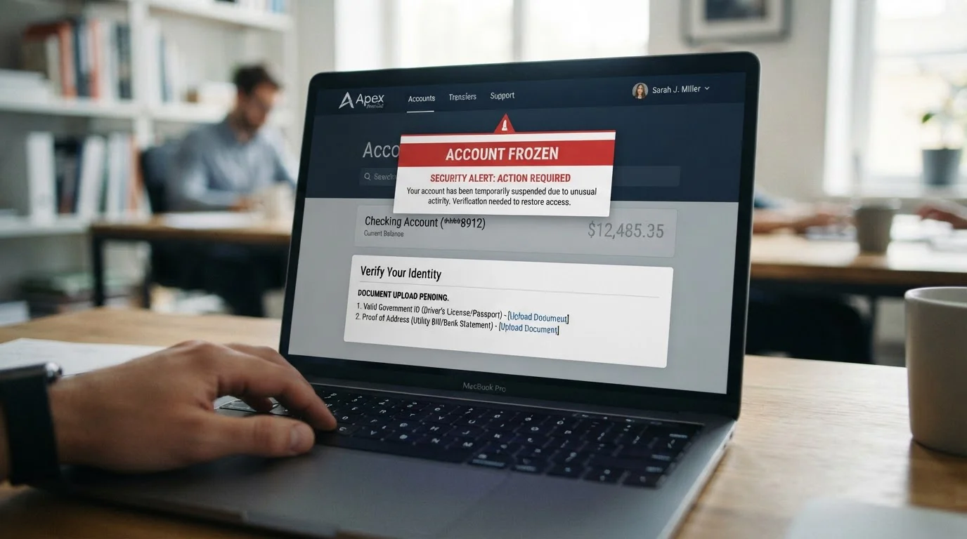 Frozen casino account screen with KYC verification request
