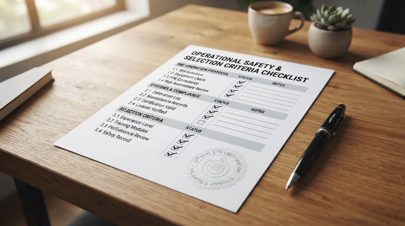 Checklist document with license seal and safety criteria marked