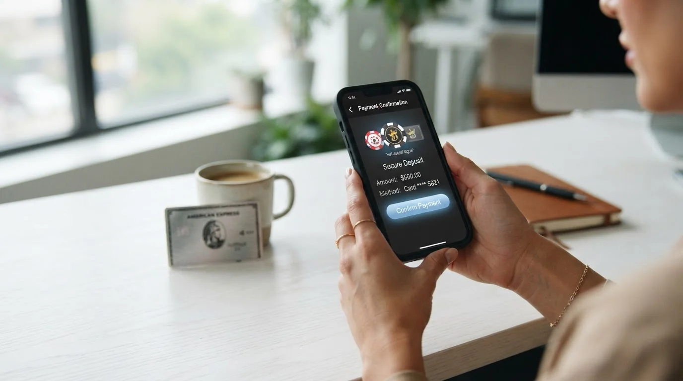 Smartphone displaying casino payment screen with American Express card in background