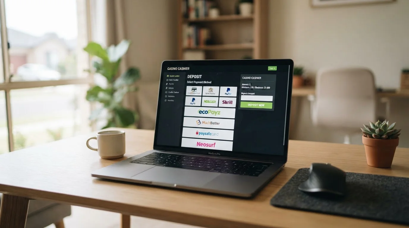 Australian casino cashier showing ecoPayz payment option on laptop screen