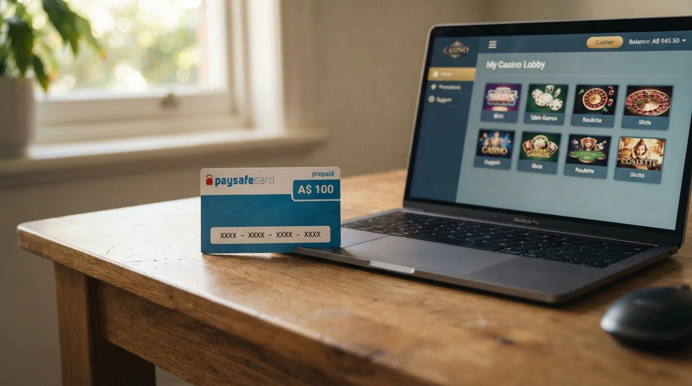 Paysafecard prepaid voucher with 16-digit PIN code for Australian online casino deposits