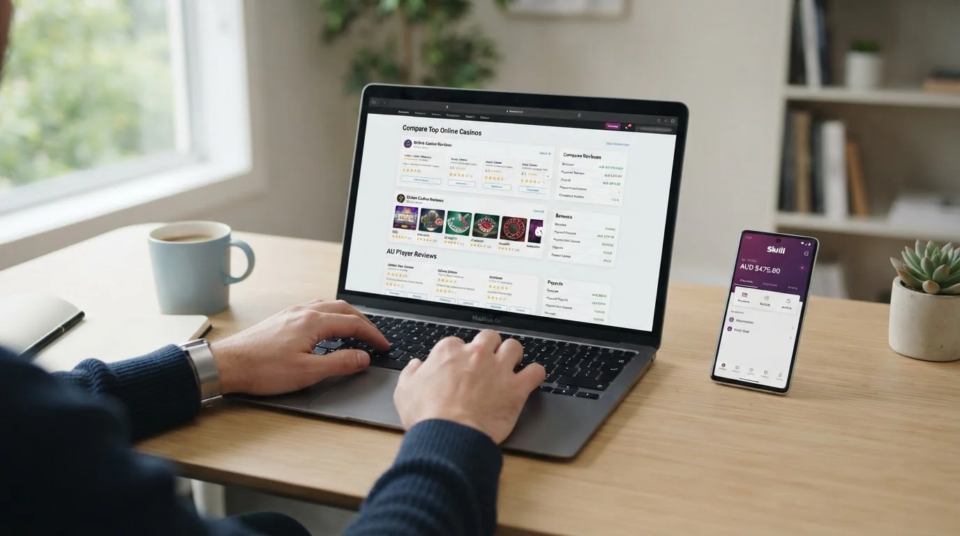 Australian player reviewing Skrill casino options on laptop with mobile phone