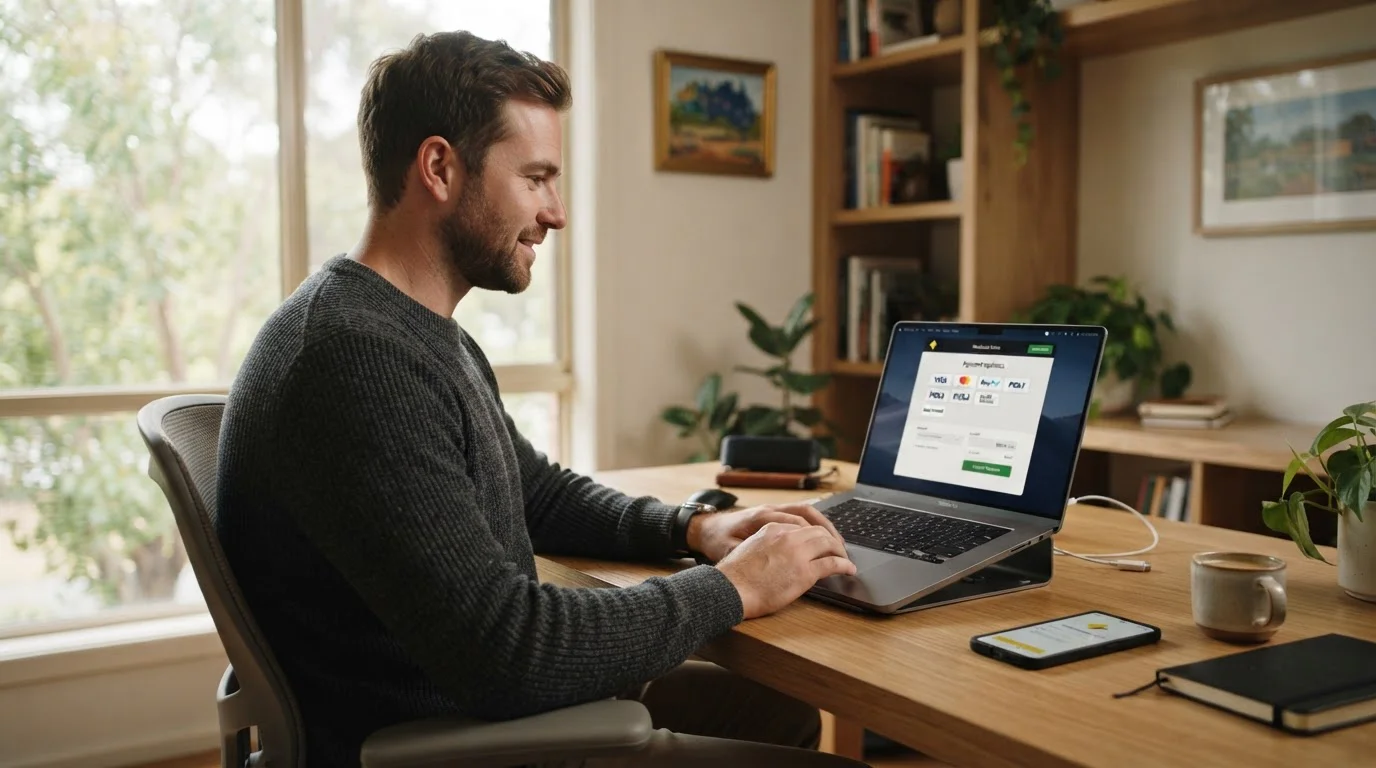 Australian player reviewing Trustly payment options on laptop with banking interface visible
