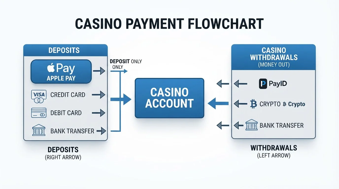 Payment method flowchart showing deposit and withdrawal routes with Apple Pay marked as deposit-only