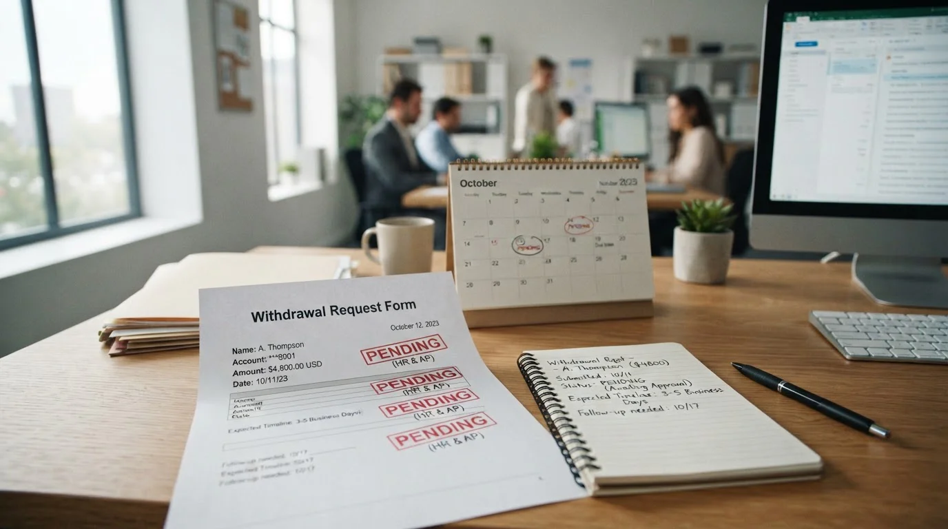Desk with documents showing pending withdrawal status and calendar marking multi-day delay
