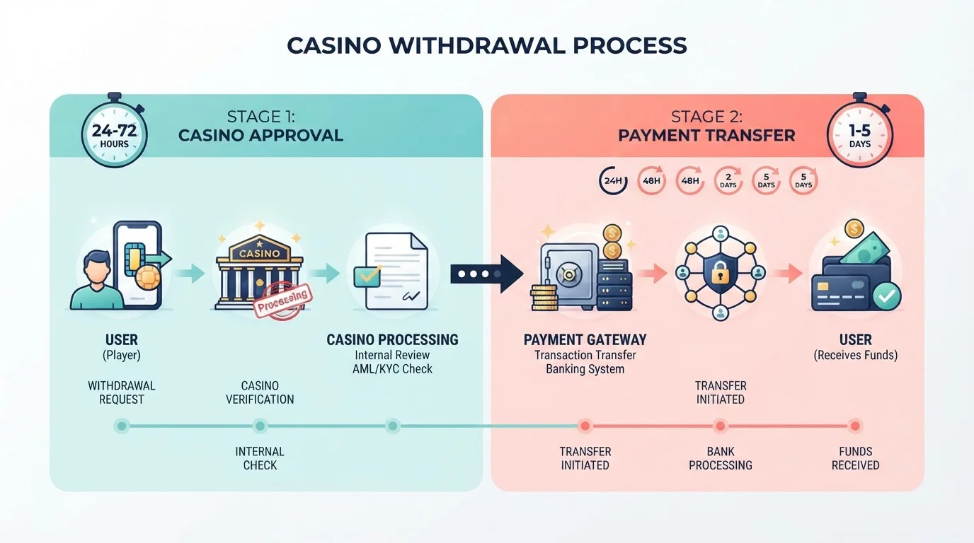 Two-stage casino withdrawal process diagram showing approval and transfer phases