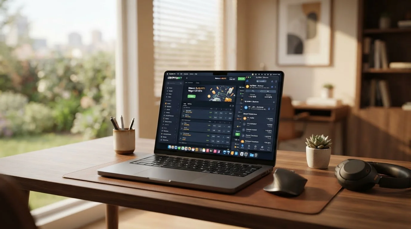 Bitcoin casino interface with cryptocurrency wallet on laptop screen