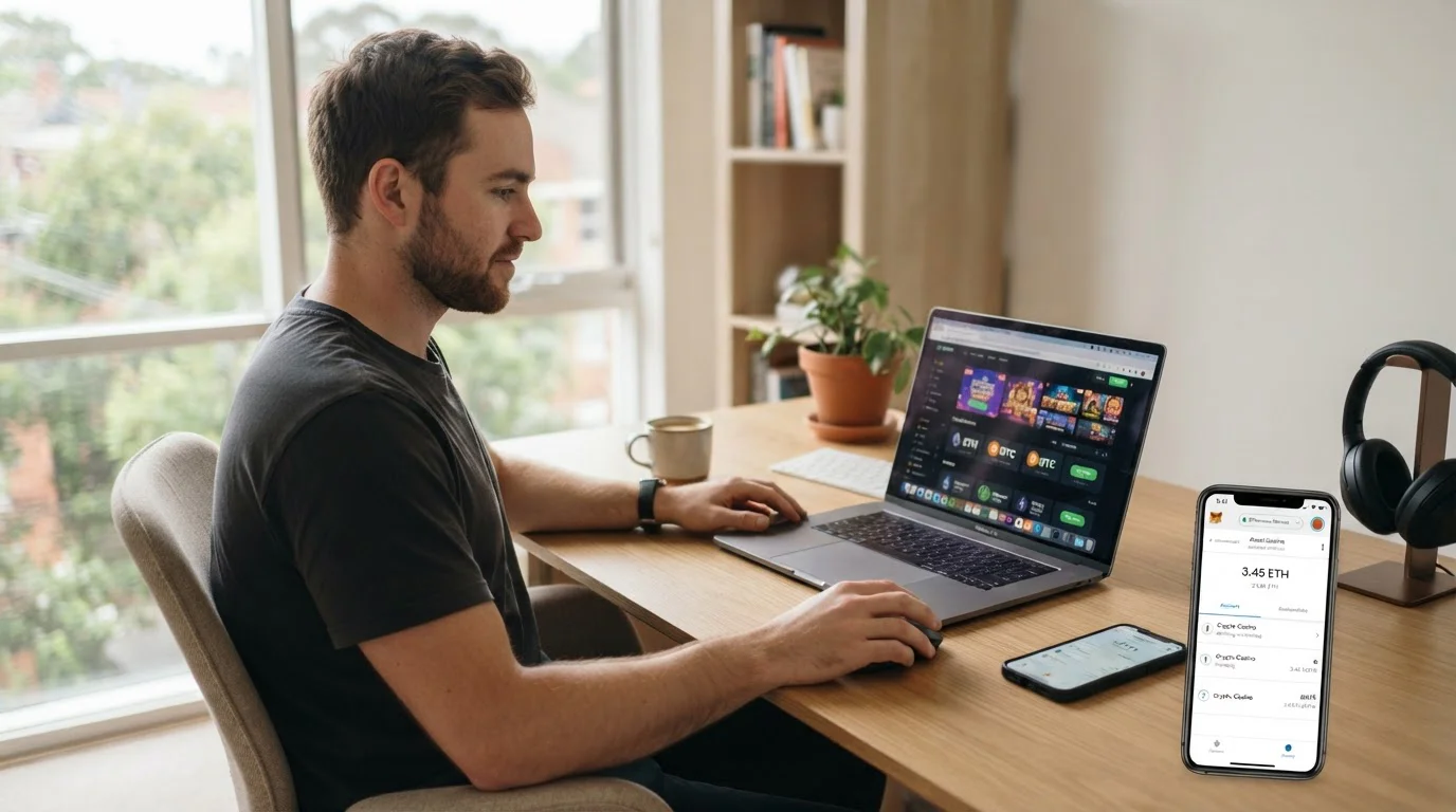 Australian player reviewing Ethereum casino options on laptop with crypto wallet interface