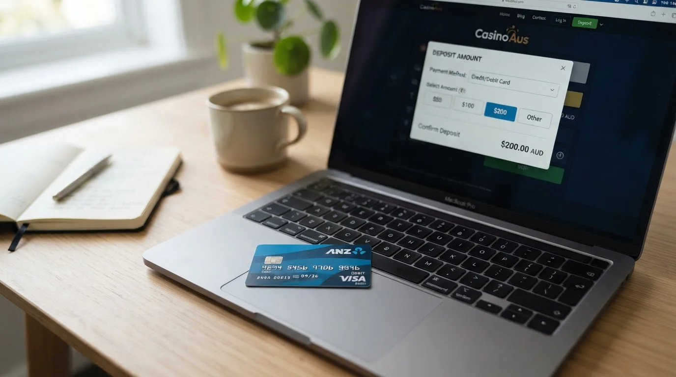Visa card on laptop with online casino deposit screen displayed