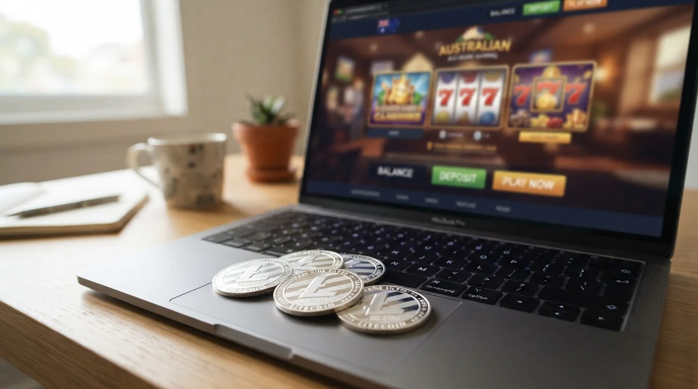 Litecoin cryptocurrency coins on laptop keyboard with Australian casino interface in background