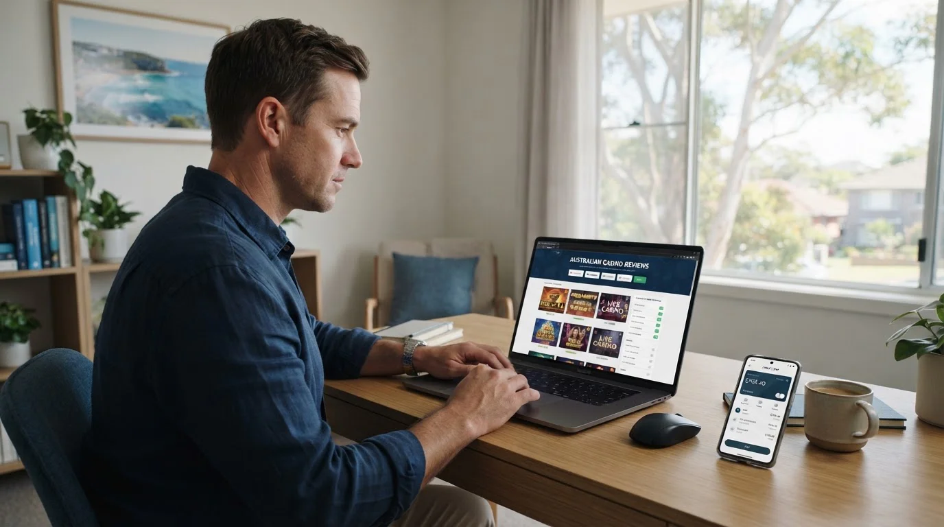 Australian player reviewing MiFinity casino options on laptop with smartphone