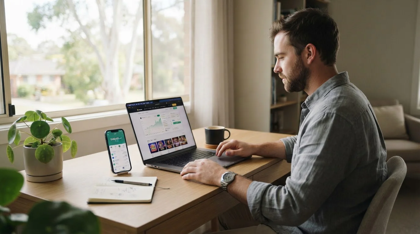 Australian player reviewing offshore USDT casino options on laptop screen