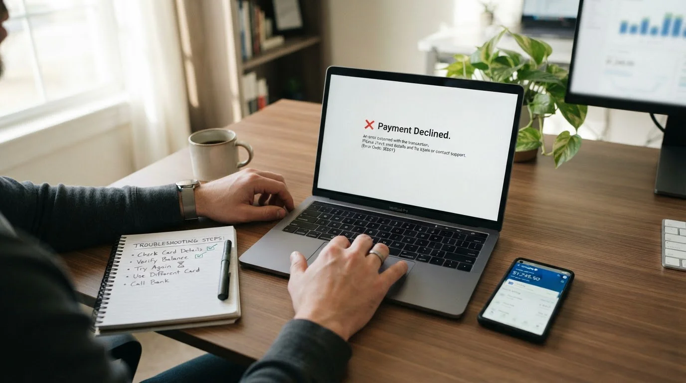Laptop showing declined payment error screen with troubleshooting checklist visible