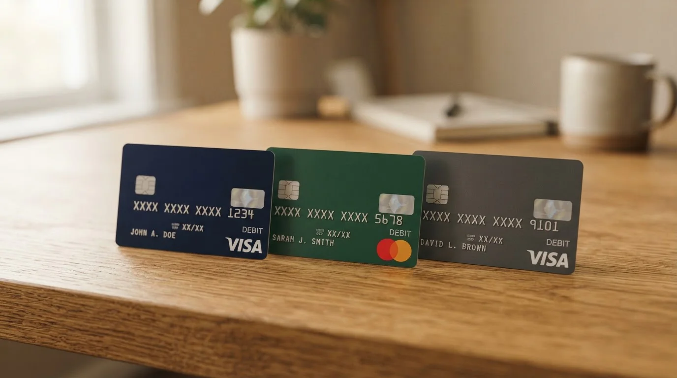 Visa and Mastercard debit cards arranged on desk surface showing payment options