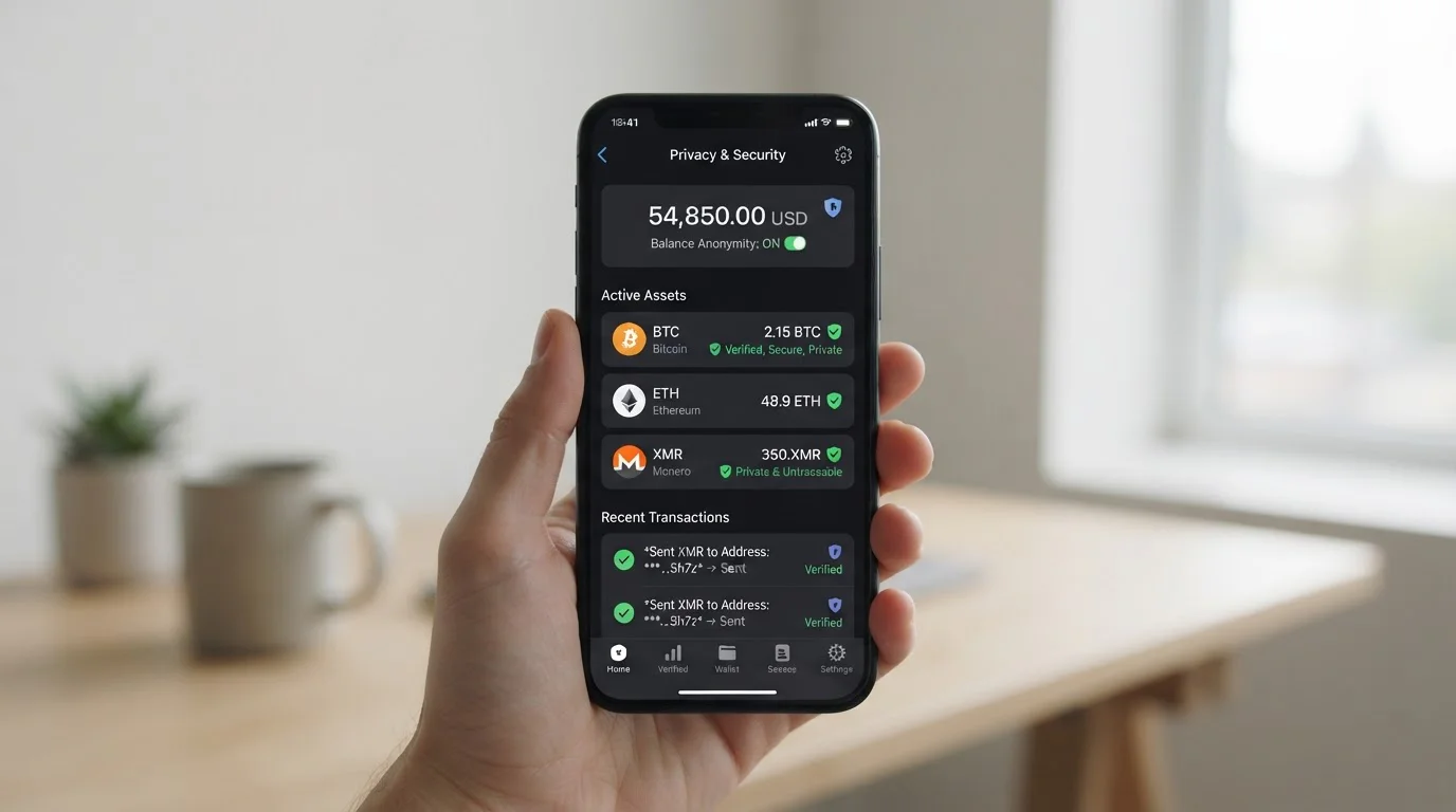Digital wallet interface showing cryptocurrency privacy features