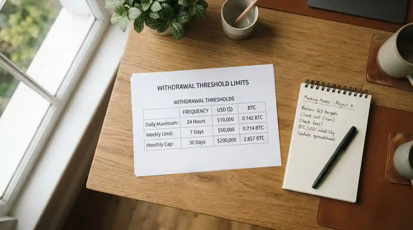 Document with KYC verification thresholds and Bitcoin amounts on desk