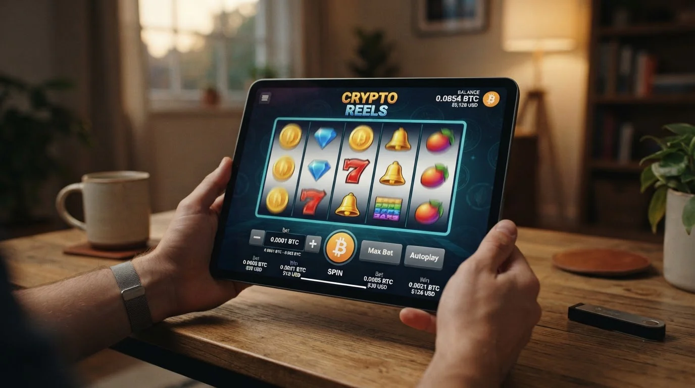 Pokie game screen showing reels and cryptocurrency bet interface