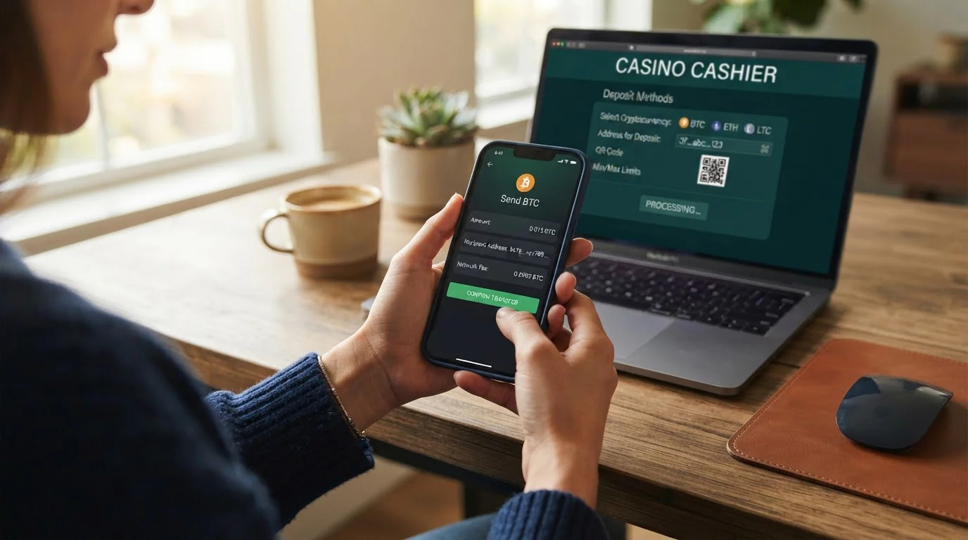 Person transferring cryptocurrency from mobile wallet to casino account