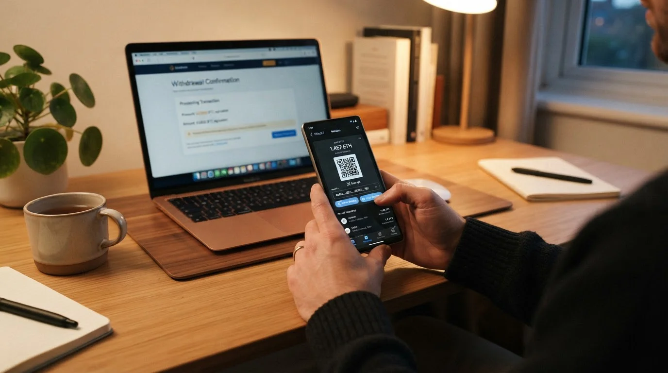 Person's hands using smartphone to access cryptocurrency wallet app for casino withdrawal