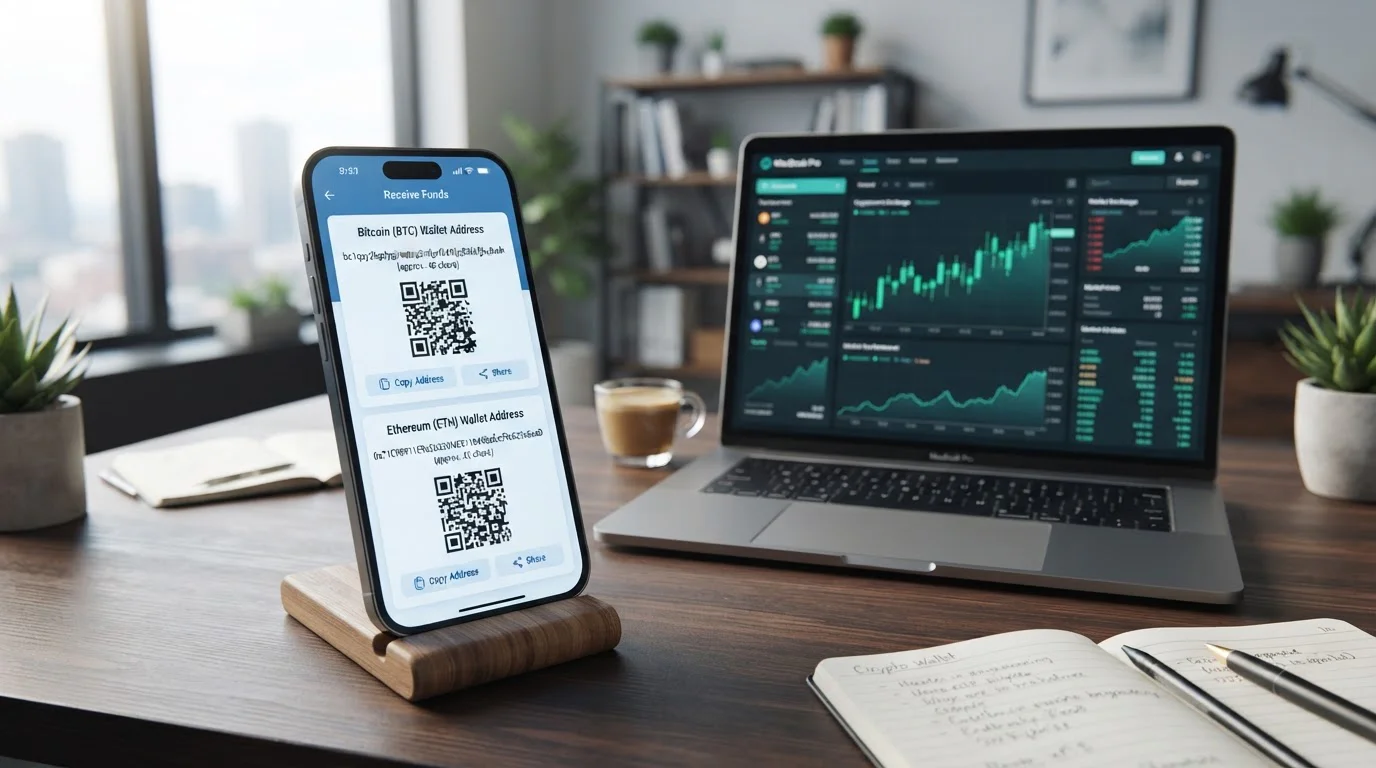 Bitcoin and Ethereum wallet addresses displayed on a cryptocurrency exchange app screen