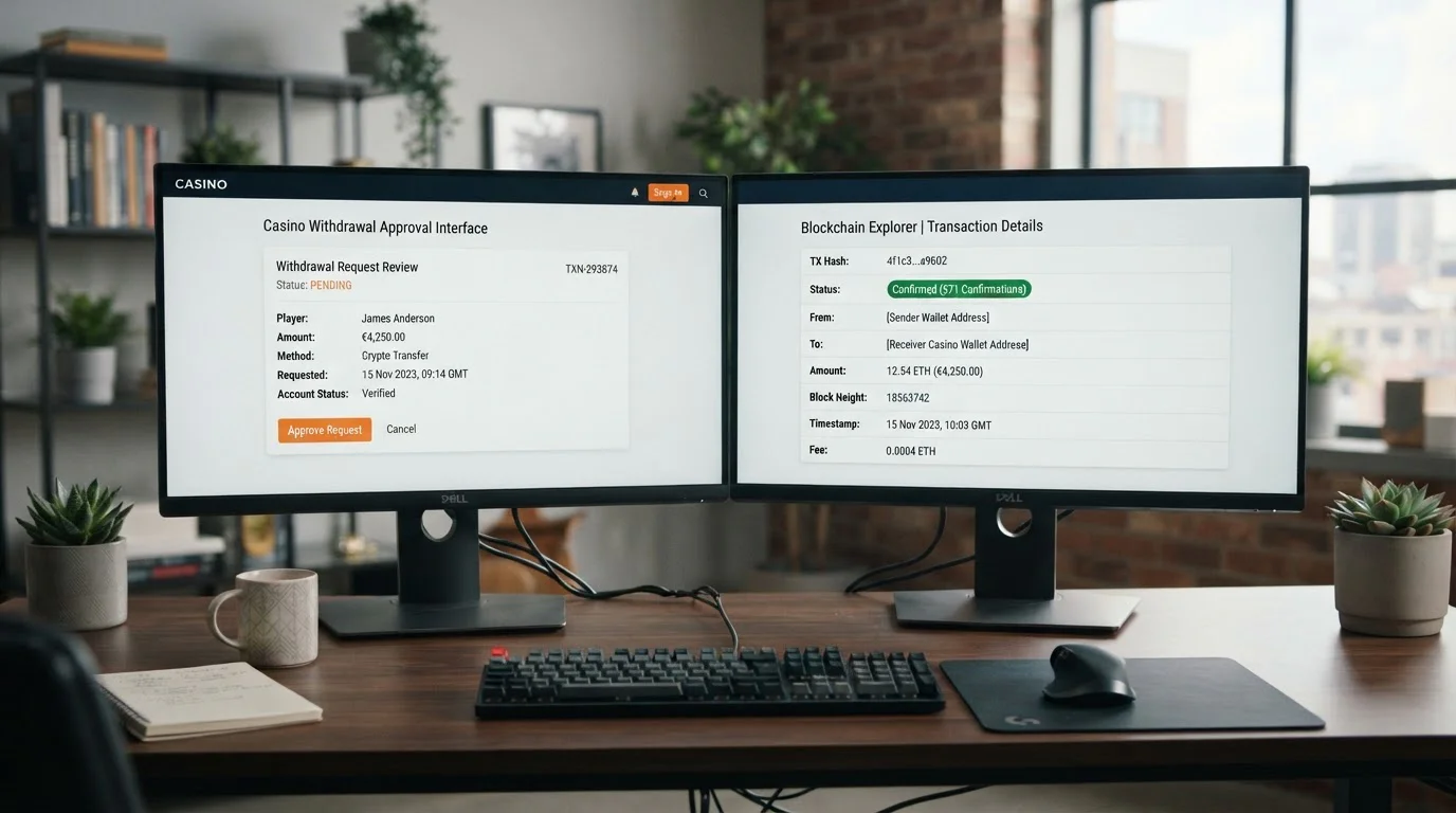Split-screen showing casino approval interface and blockchain confirmation tracker