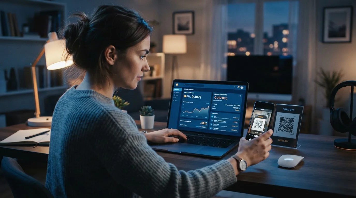 Person reviewing Bitcoin wallet interface showing pending crypto transaction on laptop