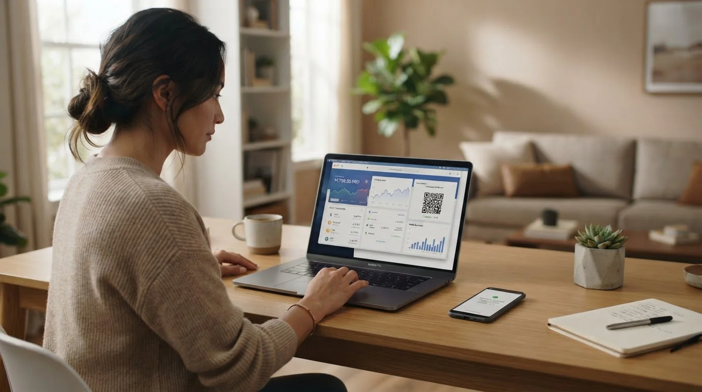 Person at laptop viewing cryptocurrency wallet with smartphone showing payment confirmation