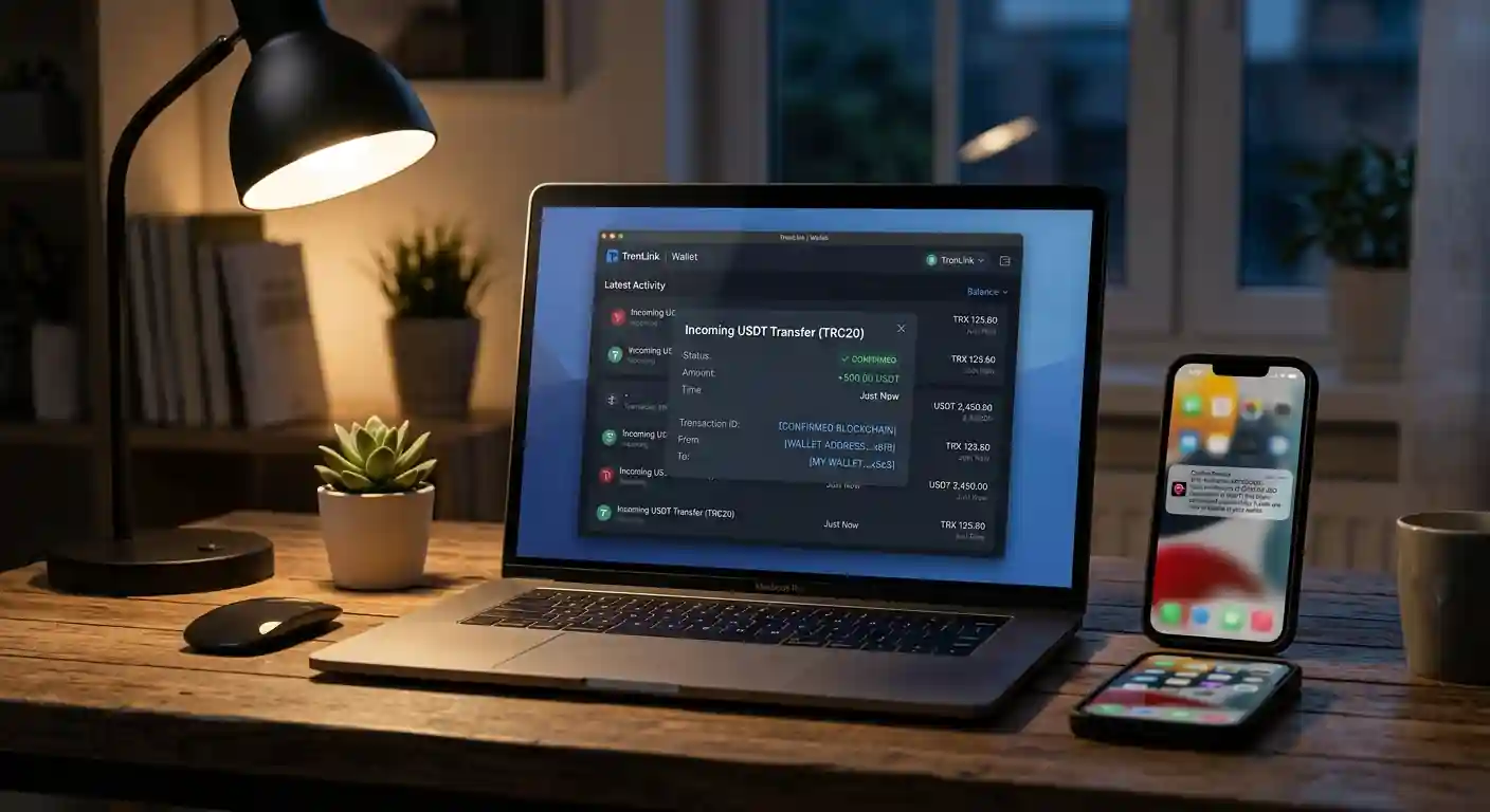 Cryptocurrency wallet showing USDT Tron withdrawal confirmation from casino