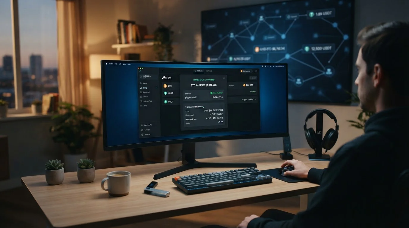 Desktop computer screen displaying cryptocurrency wallet interface with Bitcoin and USDT transaction confirmation