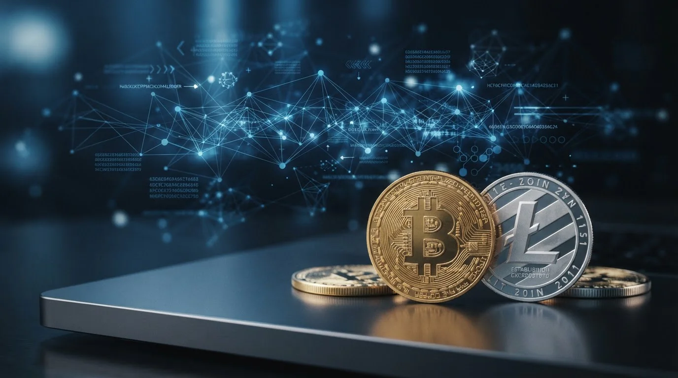 Bitcoin and Litecoin cryptocurrency symbols with blockchain network visualization
