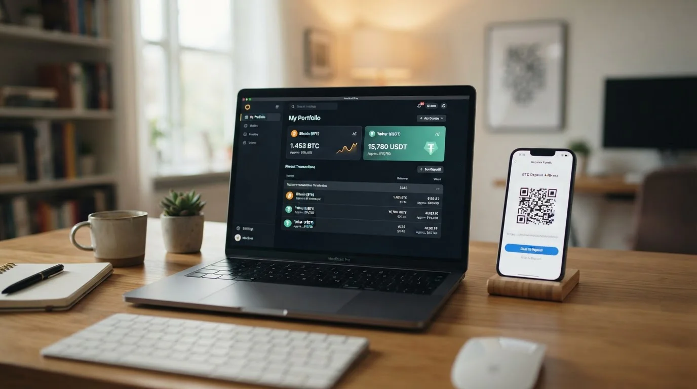 Laptop displaying cryptocurrency wallet with Bitcoin and USDT balances and QR code