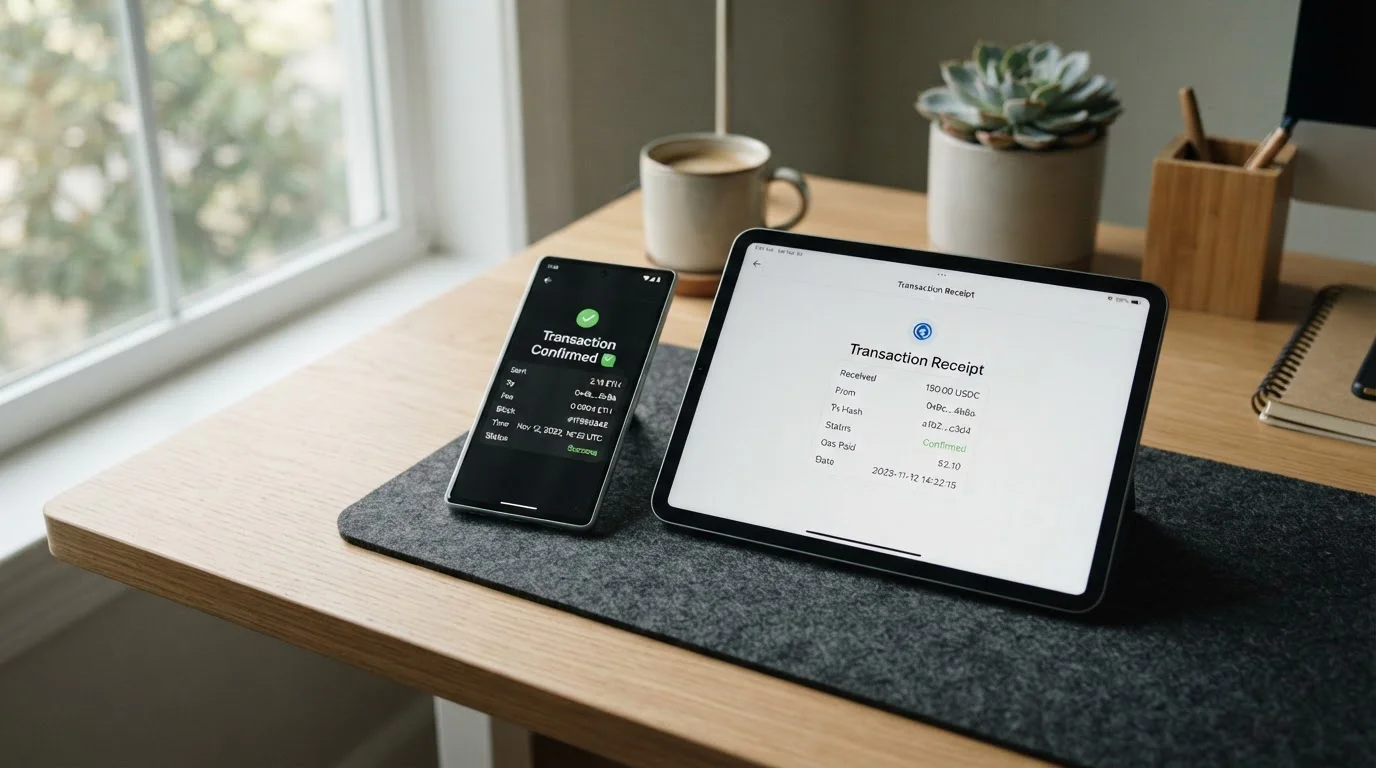 Smartphone and tablet displaying crypto wallet interfaces with blockchain confirmations