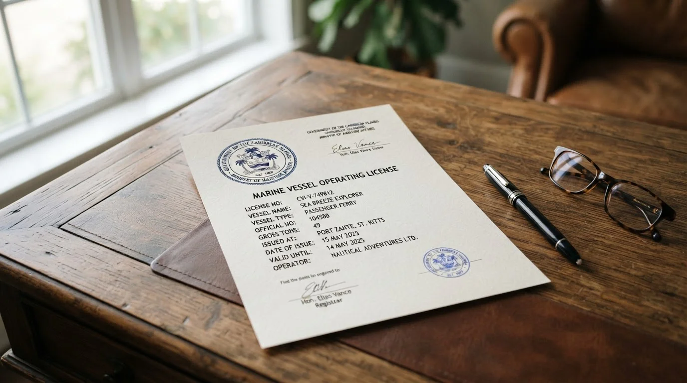 Official document with Curaçao seal and license details on desk