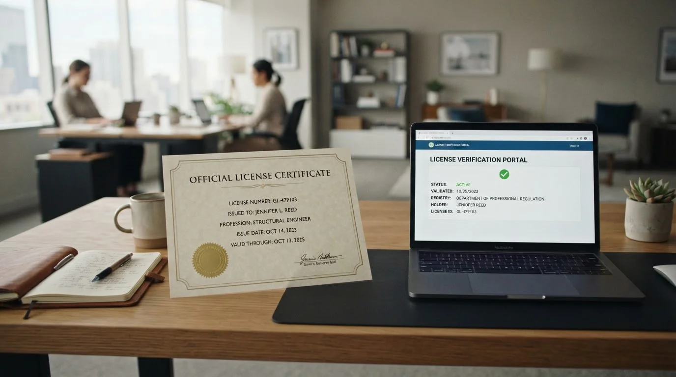 Official Curacao license certificate document on desk with laptop showing verification website