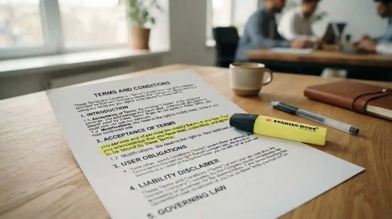 Desk with printed casino terms document and highlighter marking license section