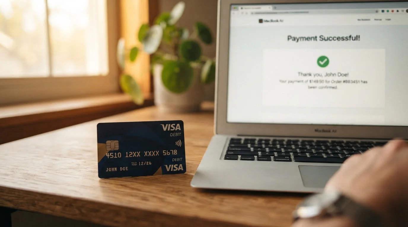Close-up of Visa debit card next to laptop showing successful payment confirmation