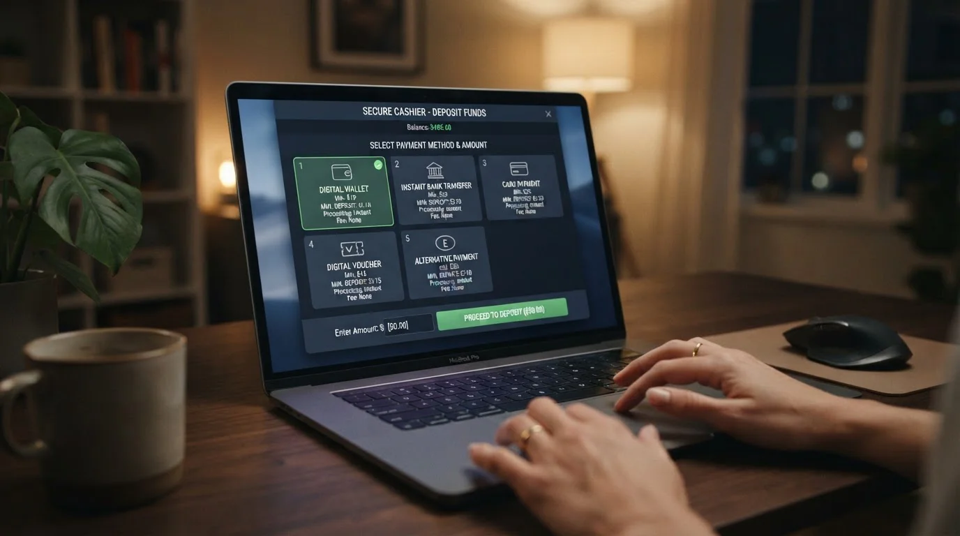 Close-up of online casino cashier screen showing different deposit minimums per payment method