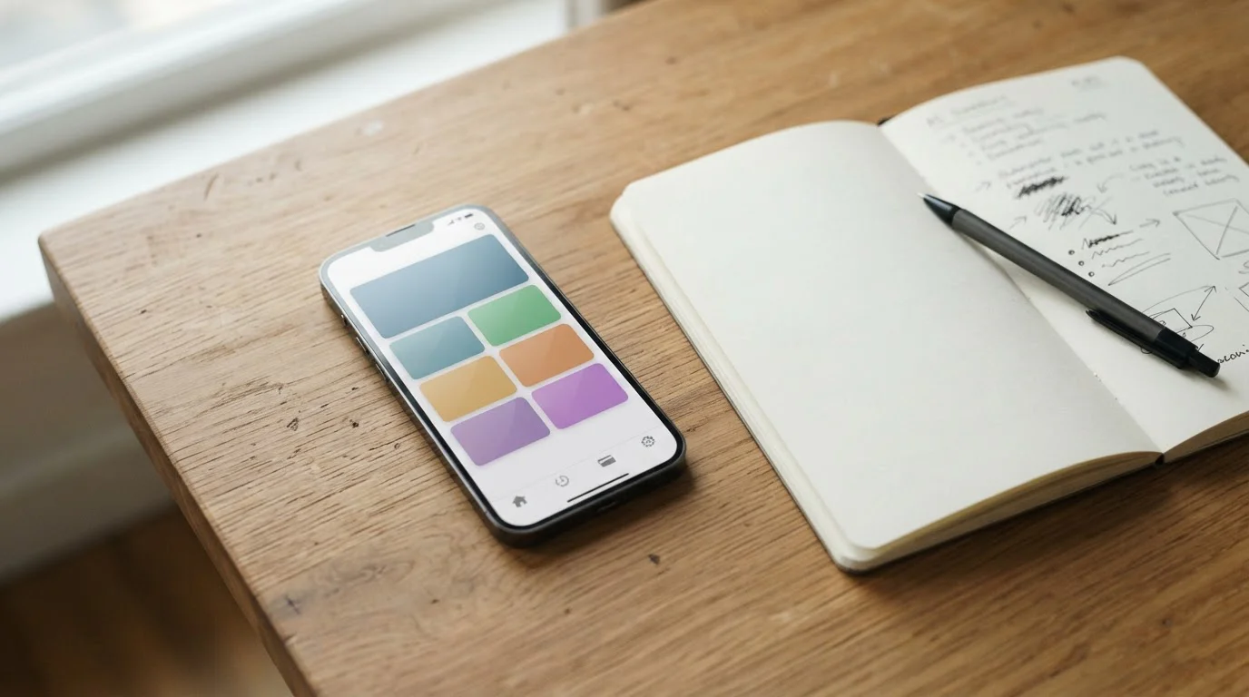 Digital wallet app open on a smartphone next to an open notebook